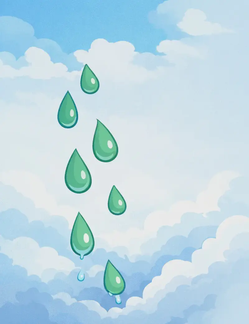 On the left side of the image, several green teardrop-shaped forms (resembling both tears and leaves) drift downward through a soft watercolour sky, falling toward pale blue-grey clouds that billow across the lower right. A patch of blue sky is visible in the upper left corner, while the overall scene evokes a gentle, melancholy atmosphere of tears transforming into rain as they sink into the clouds. No characters are present in this illustration — it is a purely atmospheric, abstract scene.