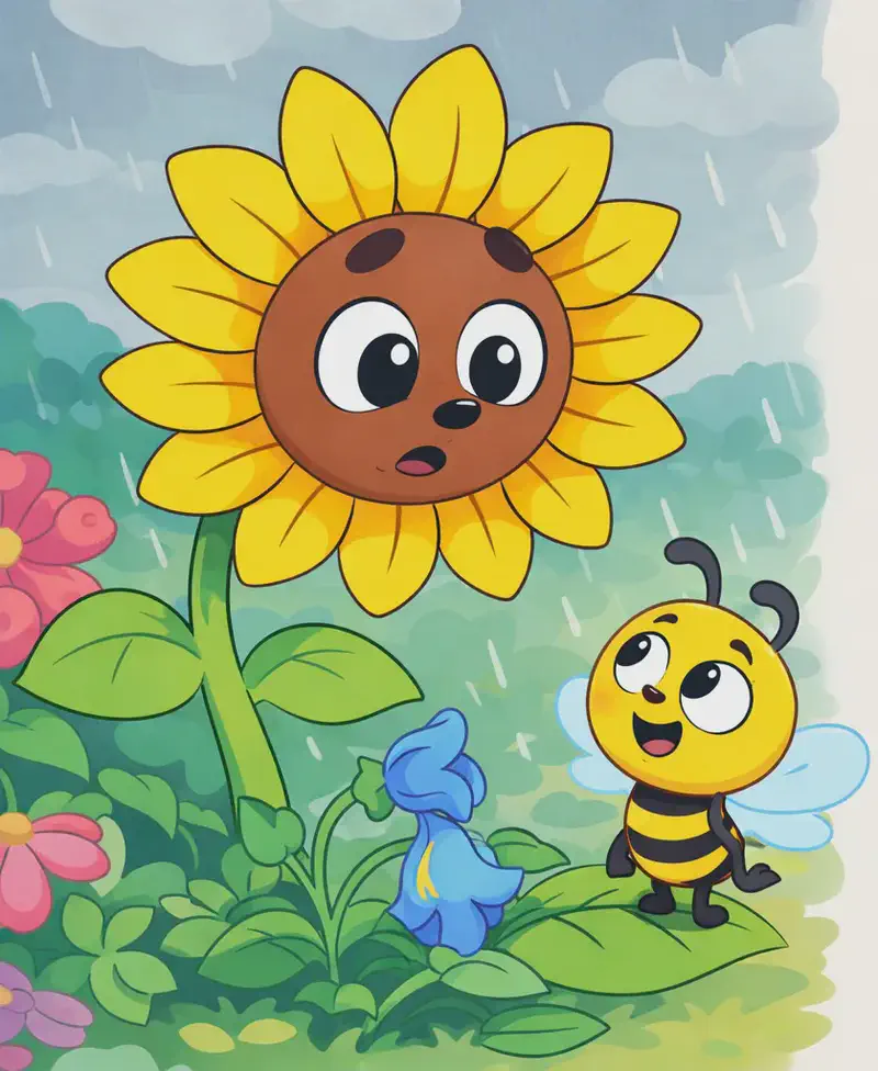 On the left side of the image, Sunflower leans down with a concerned, worried expression, turning toward Bee. Bee stands on a green leaf near a blue flower at Sunflower's base, looking up attentively with a curious expression. The outdoor scene is set in a lush garden with colourful flowers and green foliage, but the sky is overcast with soft grey clouds and a light drizzle of rain is still falling. The right ~40% of the image is plain white background.