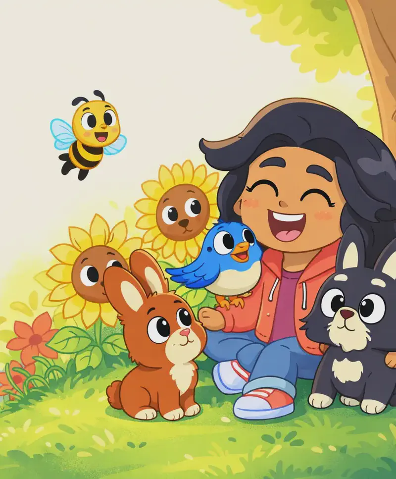 On the right side of the image, Girl sits happily on a grassy hillside beneath a tree, smiling warmly with her mouth open in joy. Bird perches on her arm, and Brown Rabbit sits contentedly in front of her. Black Rabbit nestles beside her on the other side. Bee hovers nearby above the sunflowers, smiling. The scene is set outdoors in a sunny garden with large sunflowers and colourful flowers surrounding the group, bathed in warm golden light.