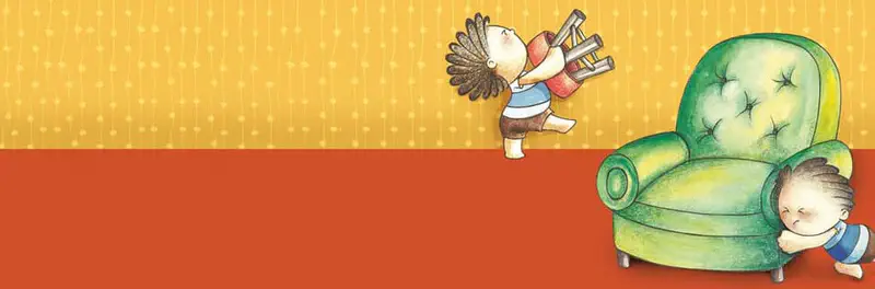 A child carries a small wooden chair while another child looks behind a large green armchair against an orange and yellow background.