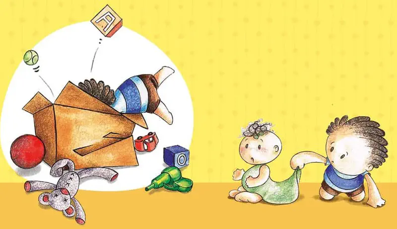 Two children search through scattered toys and a cardboard box. A stuffed bunny, red ball, and blocks lie on the yellow floor.