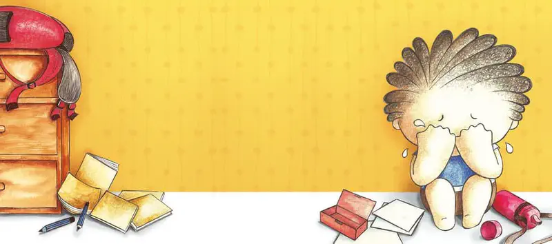 A sad child sits crying on the floor surrounded by scattered papers and boxes. A dresser with a backpack stands nearby.