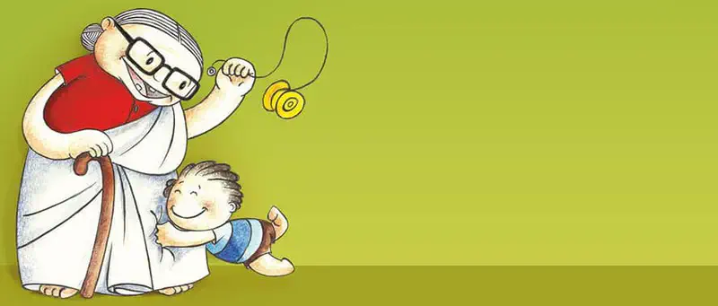 A smiling grandmother with glasses and a cane plays yo-yo while a happy child in a blue shirt hugs her leg on a green background.