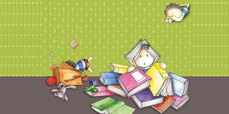 A messy room with scattered colorful books and toys. One child peeks under an open book while another looks through binoculars above.