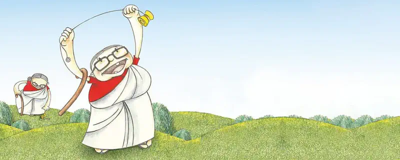 An excited grandmother in white robes and glasses plays with a yellow yo-yo on a grassy hill. Another elder watches from behind.