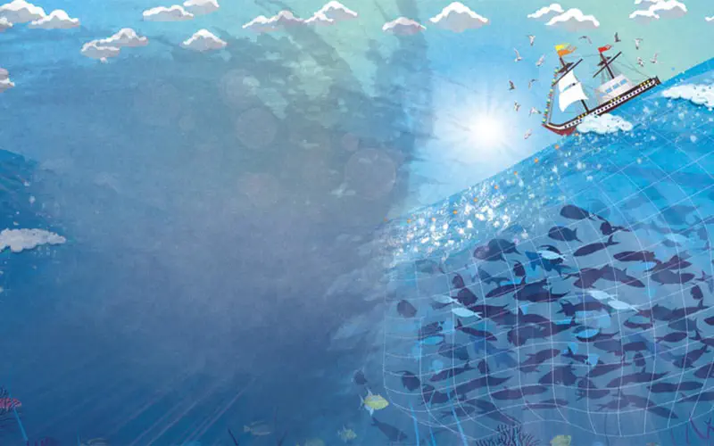 A fishing boat with a large net catches many fish underwater. Sunlight streams through the blue ocean as a ray watches from the left.