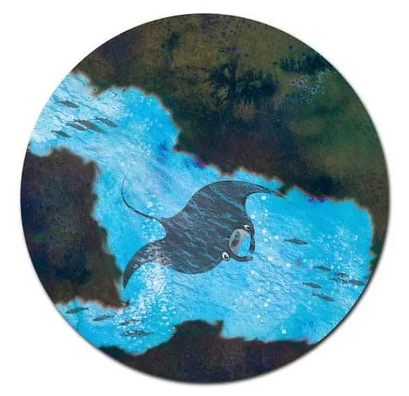 A circular view of a manta ray swimming through a rocky underwater channel. Dark rocks surround bright turquoise water with small fish.