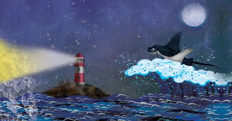 A nighttime ocean scene with a red and white lighthouse shining its beam. A manta ray jumps above the waves under a full moon.