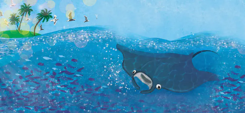 A manta ray swims near a tropical island with palm trees and seagulls. Many colorful fish swim around the ray in clear blue water.