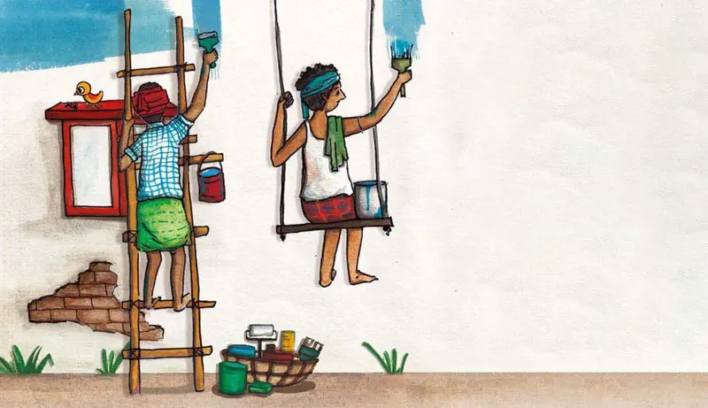 Two painters work on a house wall. One stands on a ladder, another sits on a swing. Paint pots and supplies sit on the ground.