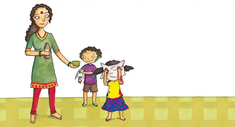 A mother in a green dress gives a drink to paint-covered children. The girl wipes her face with a towel while the boy holds a cloth.