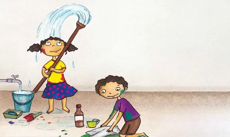 Two children clean up paint mess. The girl swings a wet mop with water splashing while the boy wipes the floor with a cloth.