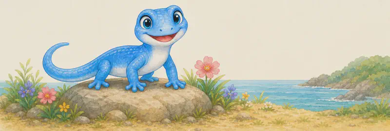 Introduce Luisa. A clear, friendly full-body view of her on a simple rock or branch, posed so her bright vibrant blue body and her white belly are both easy to see. Mood: warm and welcoming — the reader's first look at the main character.