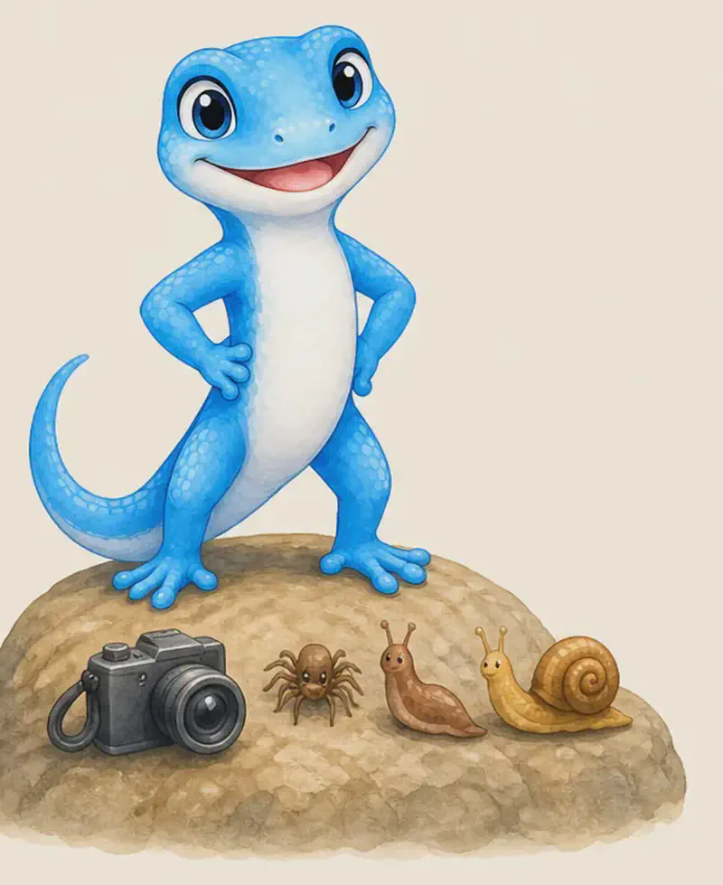Luisa stands proudly on a rock with a small simple camera resting in the foreground (suggesting people photograph her, but without showing people). Beside her on the rock are a few of the foods she eats: a small spider, a slug and a snail. Mood: special, observed, curious.