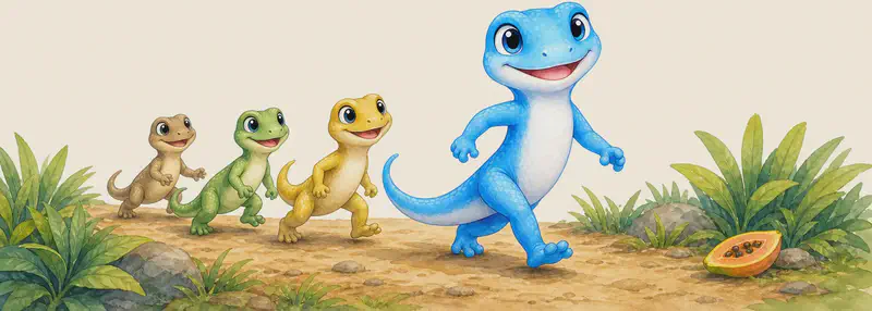 Luisa walks ahead along a small path on the island, head held high and confident, leading two or three unnamed lizards behind her. A small piece of fruit sits to one side of the path. Mood: confident leadership.