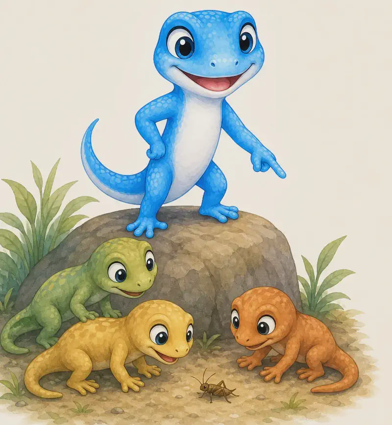 Luisa stands on a small rock pointing with a front paw toward a tiny insect on the ground while the two or three unnamed lizards lean in attentively to learn. Luisa has a proud, capable expression. Mood: leadership, teaching — the closing feel-good page.