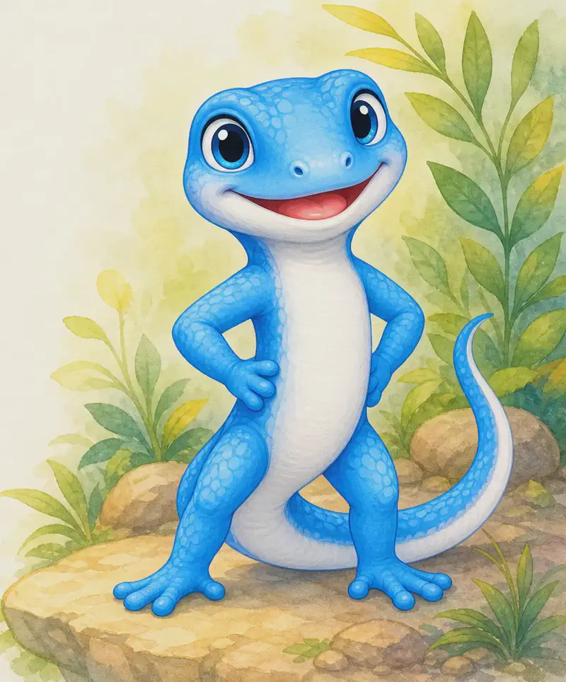 Introduce Luisa. Show her in a clear, friendly pose so the reader can see her bright blue colouring and white belly. Simple background.