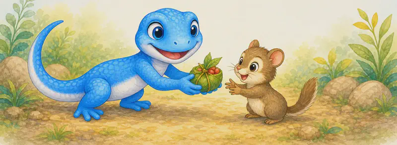 Luisa hands a small item (a leaf, a berry, a tied bundle) to a small unnamed animal who is happy to receive it. Helpful, kind mood.