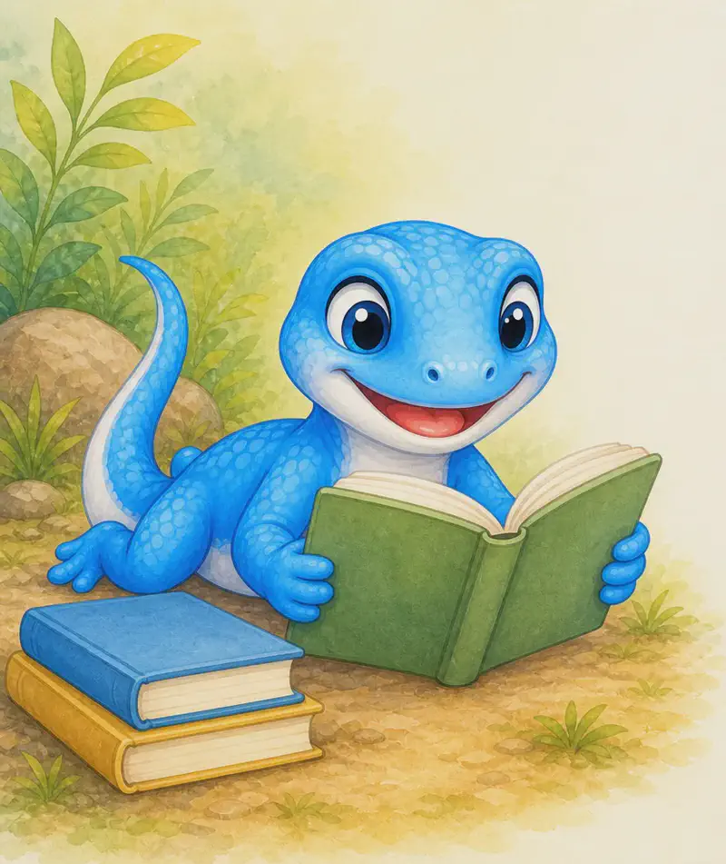 Luisa is reading an open book held between her front paws (or with the book on the ground in front of her). She looks completely absorbed and delighted. A small stack of one or two more books may sit beside her. Closing-page warm feel.