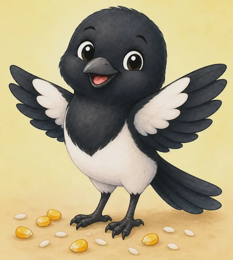 Introduce Úrsula. She is shown perched on a low branch or standing on the ground with wings slightly open as if mid-flutter, conveying that she is a bird that can fly. A few small kernels of corn and grains of rice rest on the ground near her. Mood: warm and welcoming — the reader's first look at the main character.
