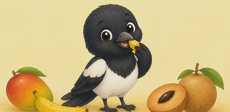 Úrsula is happily nibbling a piece of fruit — a small mango, banana or zapote at her beak. A small grouping of these three fruits (a mango, a banana, a zapote) sits beside her. Mood: cheerful, enjoying her food.