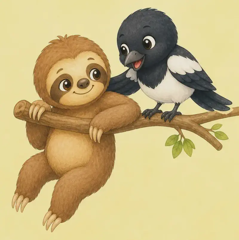Úrsula is gently helping Octavio — for example, perching near him on a low branch while he slowly moves along, offering encouragement with a tilt of her head and a kind expression. Octavio looks grateful. Mood: caring, attentive, helpful.
