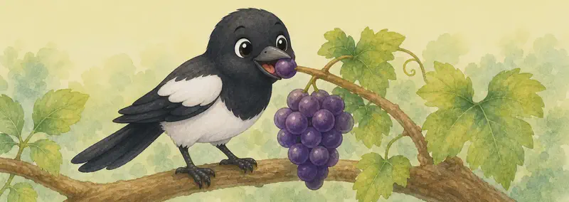Úrsula plucks a grape with her beak from a small bunch of grapes. The bunch of grapes is clearly visible. Soft simple background.