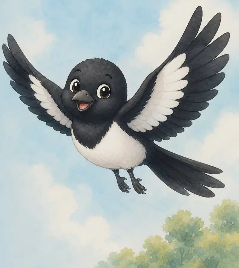 Úrsula in mid-flight, wings clearly outstretched. The scene shows her gliding gracefully through the air. Soft, simple sky background.