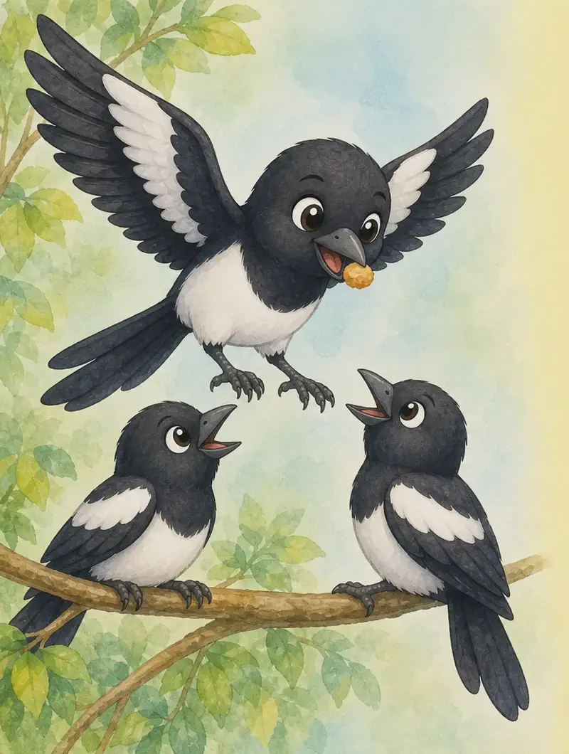 Úrsula in flight or just landing, holding a small piece of food (a berry, a bit of bread) in her beak as she brings it toward one or two other magpies waiting for her. Mood: kind and giving.
