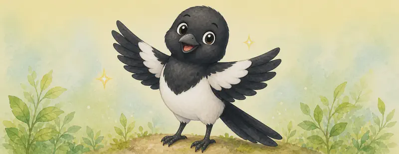 Úrsula in a single celebratory pose — wings slightly raised, beaming. A small soft sparkle or two near her to highlight uniqueness. Closing-page feel.