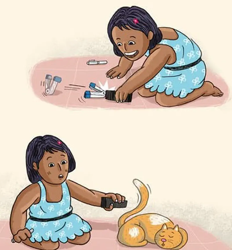 Two scenes: a girl tests the magnet on metal objects like a stapler, then tries it on a sleeping orange cat. The cat ignores her.