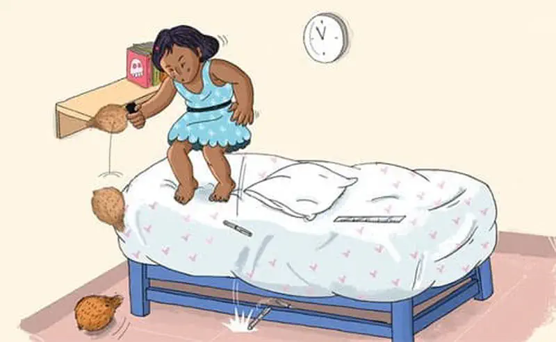 A girl sneezes near a shelf, dropping a pen. A coconut falls and the pen bounces under the bed. A clock shows on the wall.