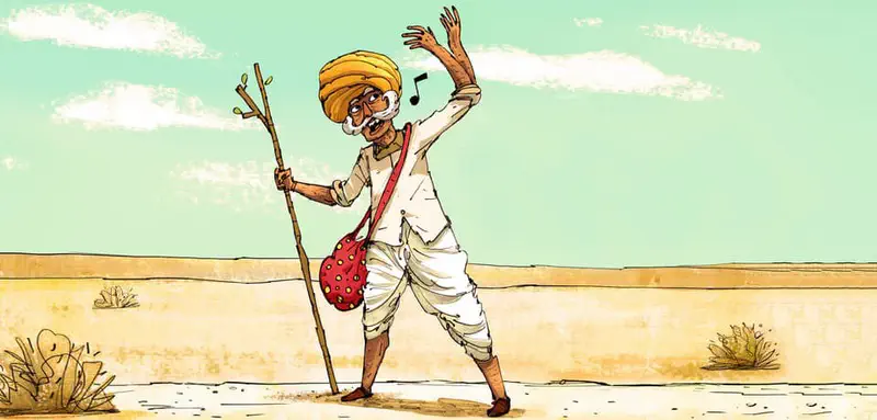Elderly man in yellow turban singing while walking with staff and red bag across dry desert landscape.