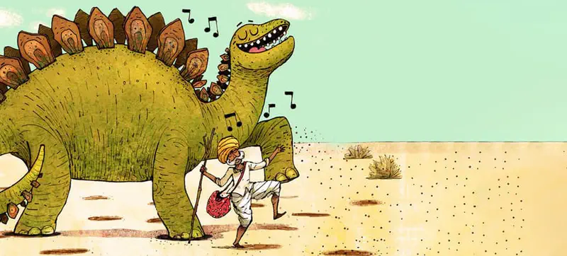 Smiling green stegosaurus dinosaur following turbaned man who walks with staff through desert with music notes.