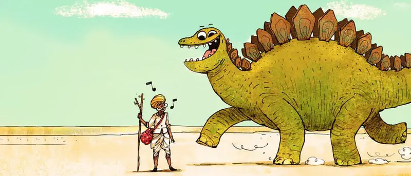 Happy stegosaurus dinosaur meeting turbaned man with staff in sandy desert landscape.