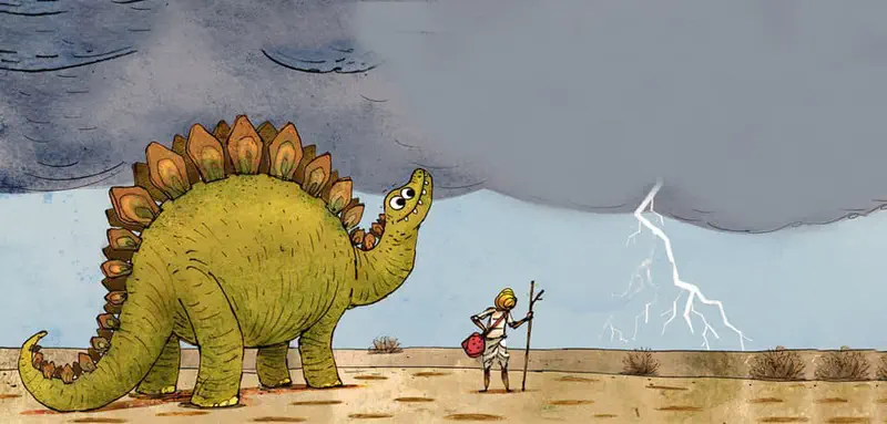 Stegosaurus looking up at dark storm clouds with lightning while turbaned man stands nearby in desert.