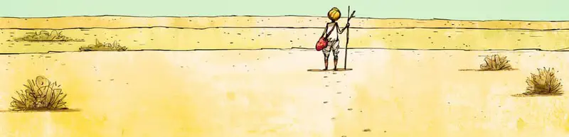 Small figure of man in turban walking alone across vast empty desert with sparse vegetation.