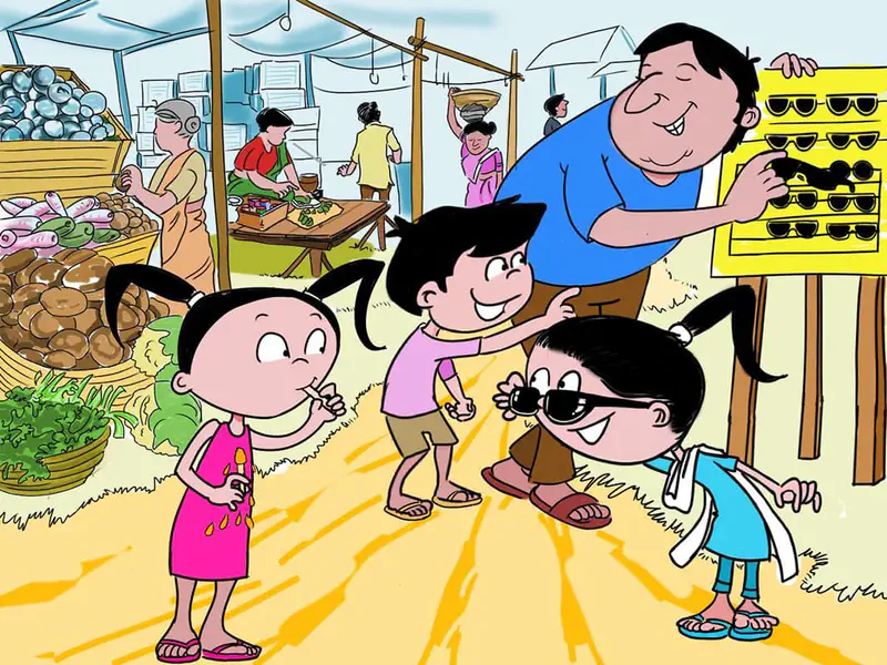 Children trying on sunglasses at market stall while girl in pink eats melting popsicle.