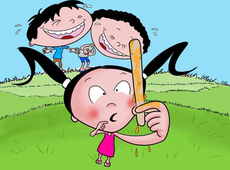 Girl in pink holding melting popsicle stick while two boys laugh behind her on grassy hill.