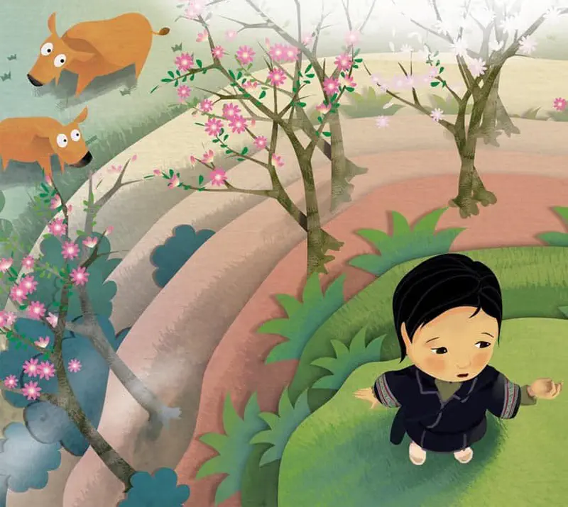 Girl in black outfit sitting on grassy hill with cherry blossom trees while two dogs run above.