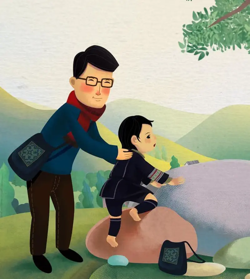 Father in blue coat and red scarf helping daughter in black traditional clothing climb on rocks.