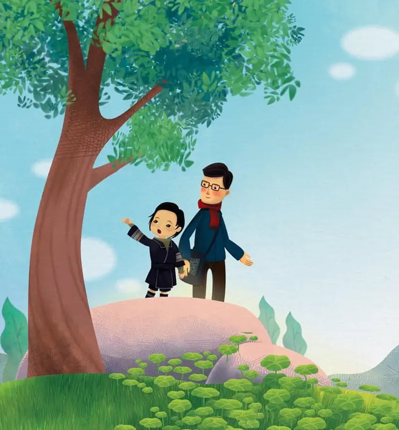 Girl pointing excitedly while standing with father on hillside under large leafy tree.