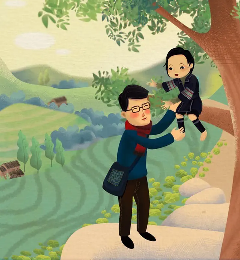 Father lifting happy daughter from tree branch with terraced rice fields and village in background.