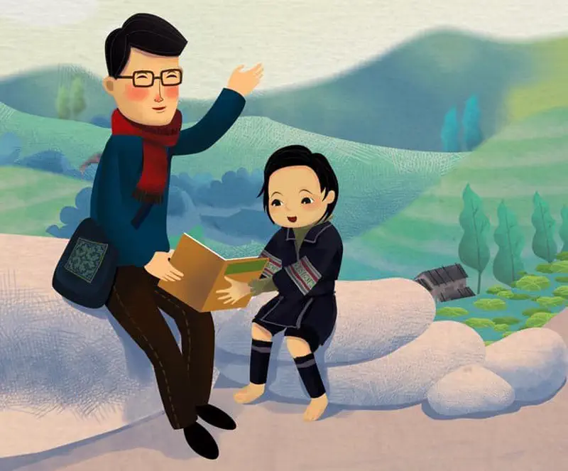 Father with book gesturing while sitting on white rocks with daughter among green rolling hills.