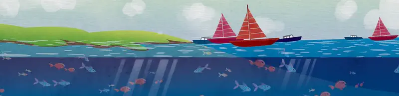 Sailboats with red sails on blue ocean surface, colorful fish swimming underwater below.