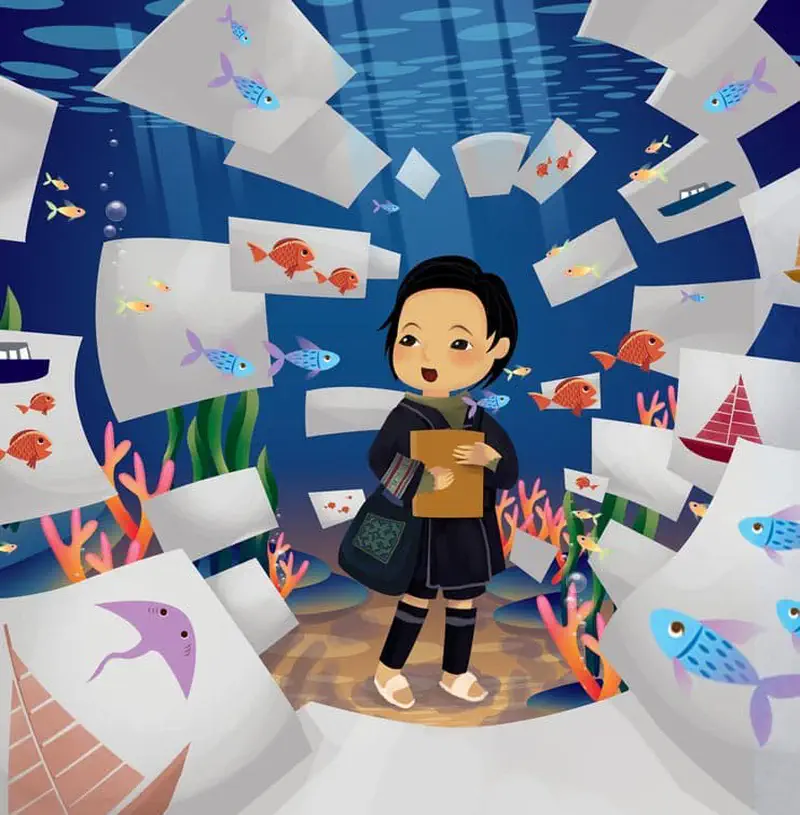 Girl standing underwater surrounded by floating papers with fish drawings, coral, and sea life.