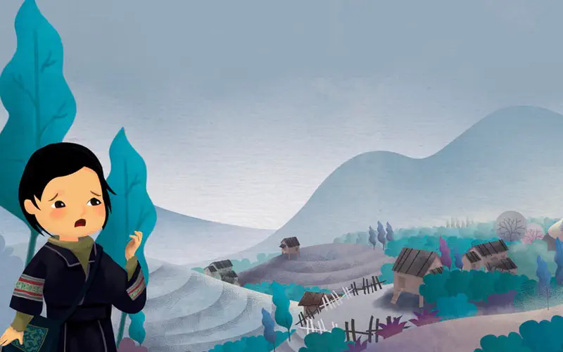 Worried girl in traditional dark clothing standing near teal trees overlooking misty village.