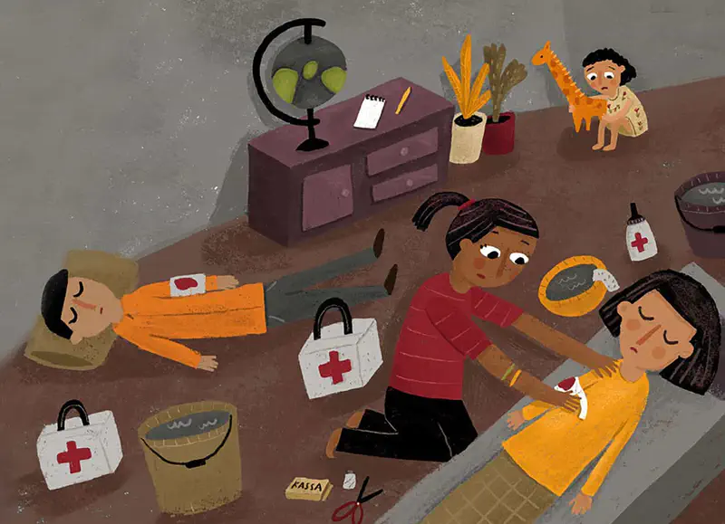 Children playing doctor with first aid kits in room with globe, dresser, and toy giraffe.