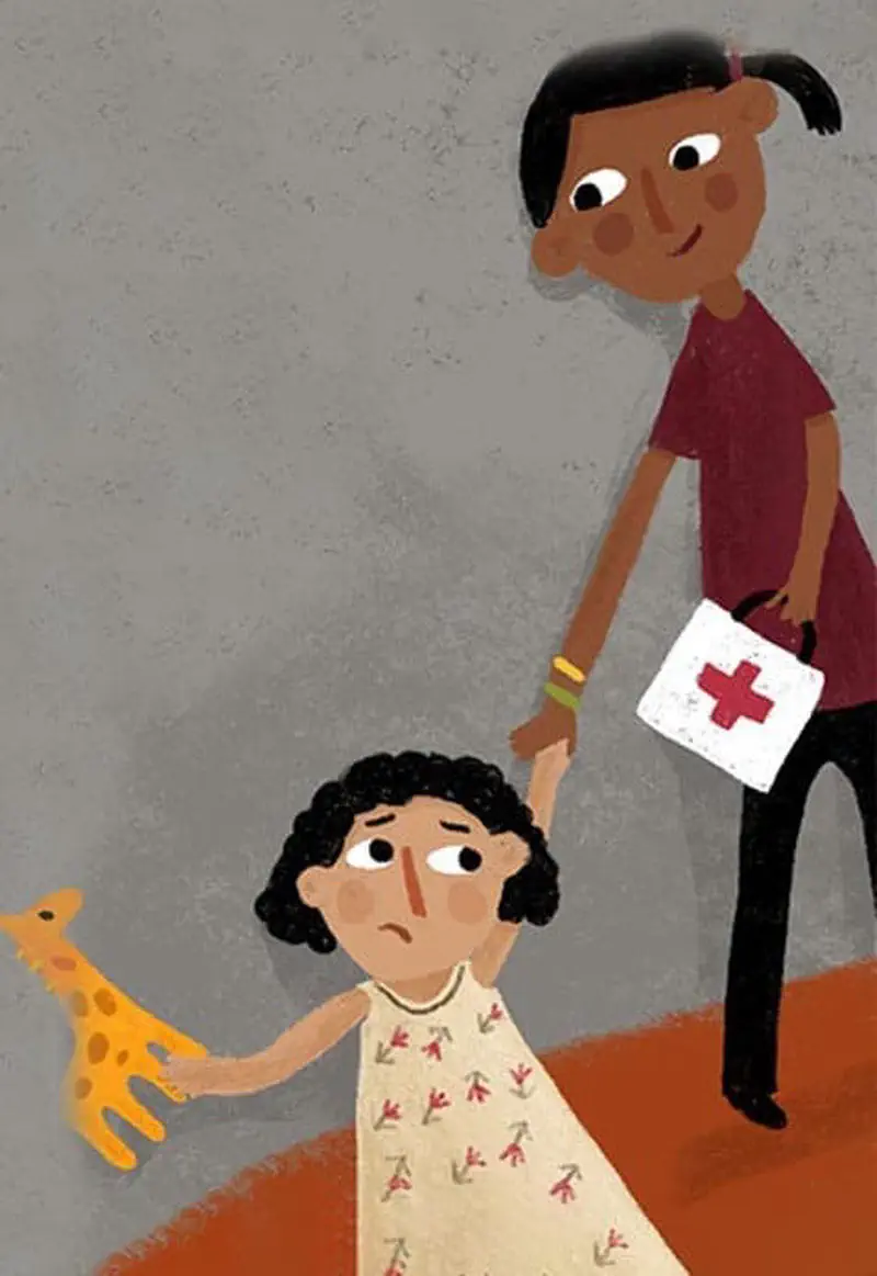 Girl with ponytail holding first aid kit looking at worried younger girl with toy giraffe.