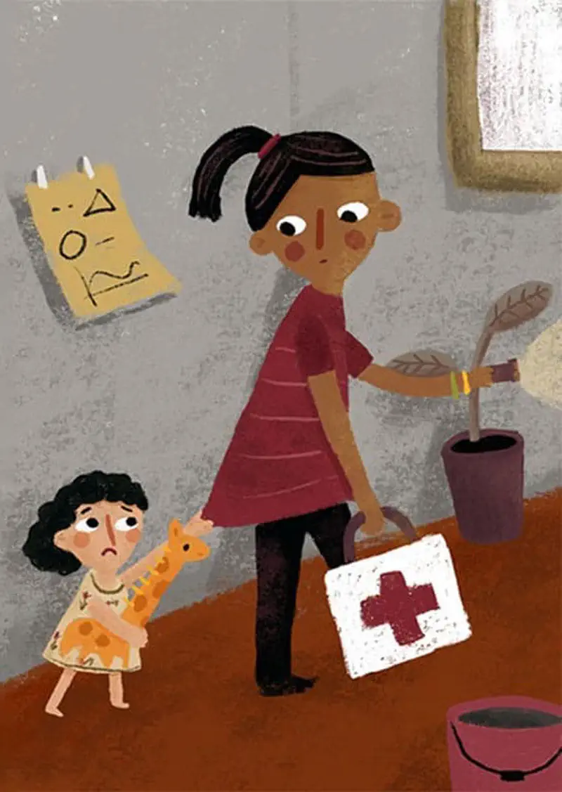 Girl with first aid kit standing next to sad younger girl holding toy giraffe near potted plant.